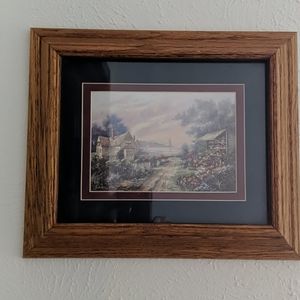 Wood Framed Picture of Cottage and Flowers